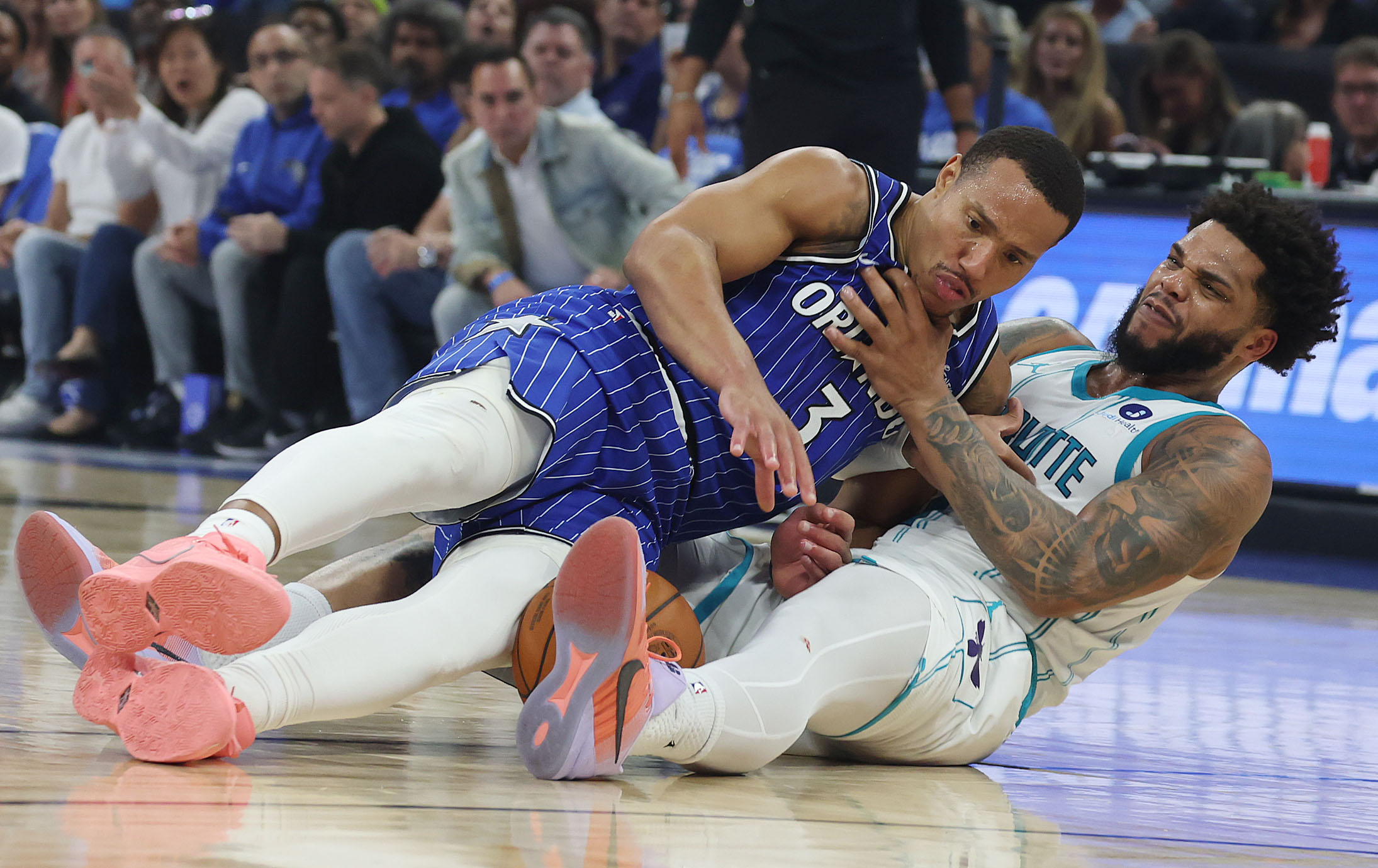 Orlando guard Desmond Bane (3) and Charlotte forward Miles Bridges...