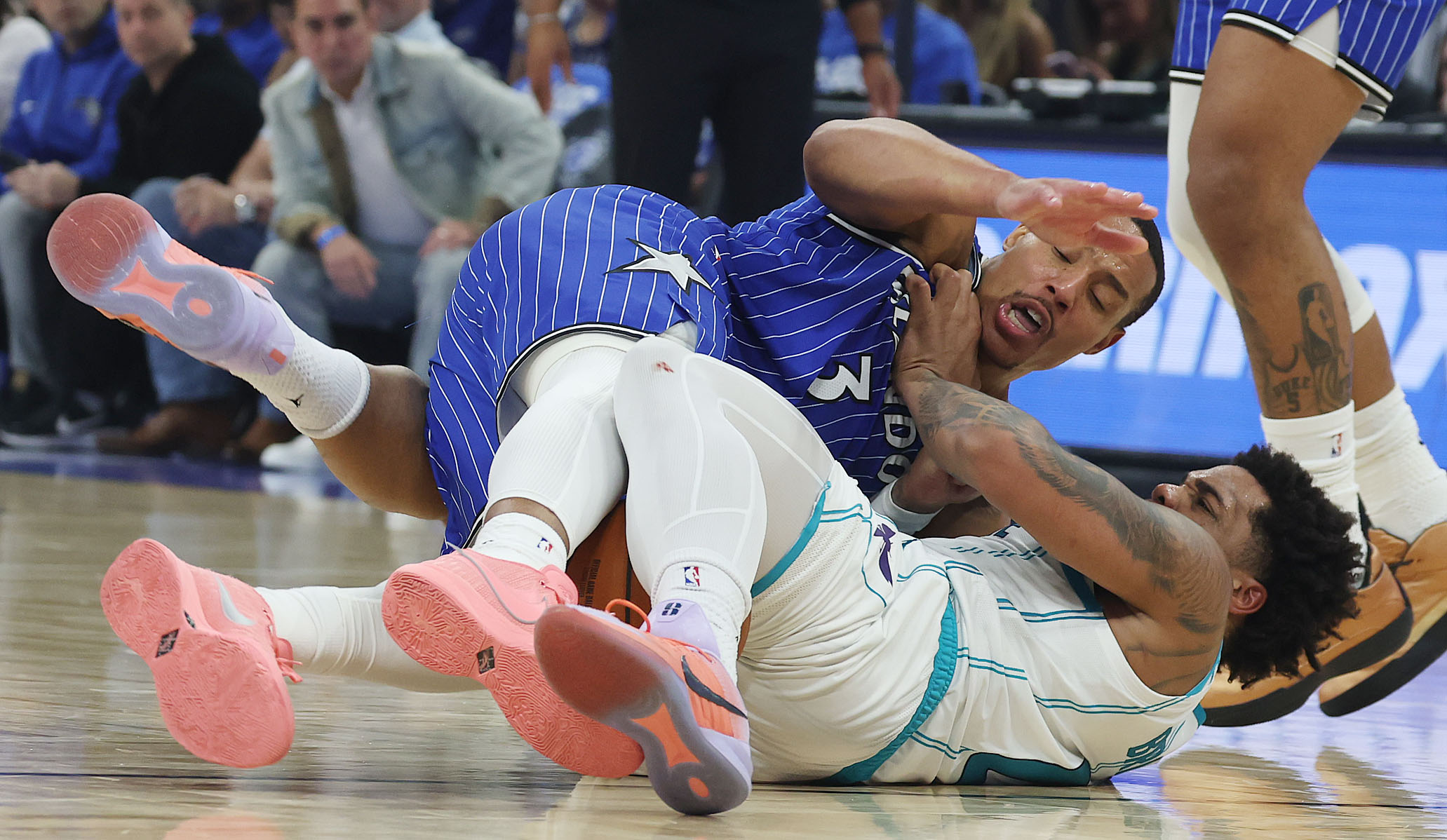 Orlando guard Desmond Bane (3) and Charlotte forward Miles Bridges...