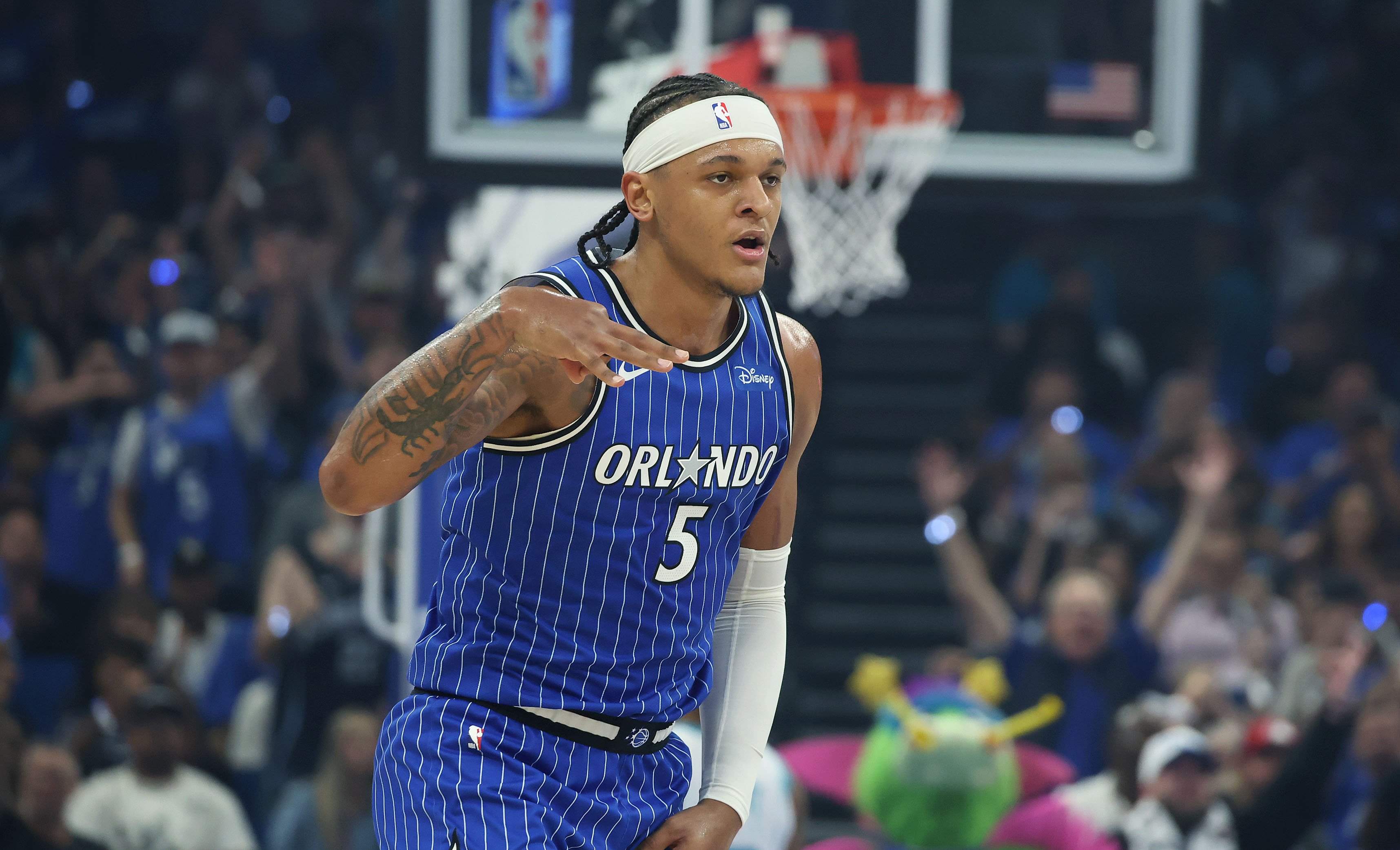 Orlando forward Paolo Banchero celebrates after a three point shot...