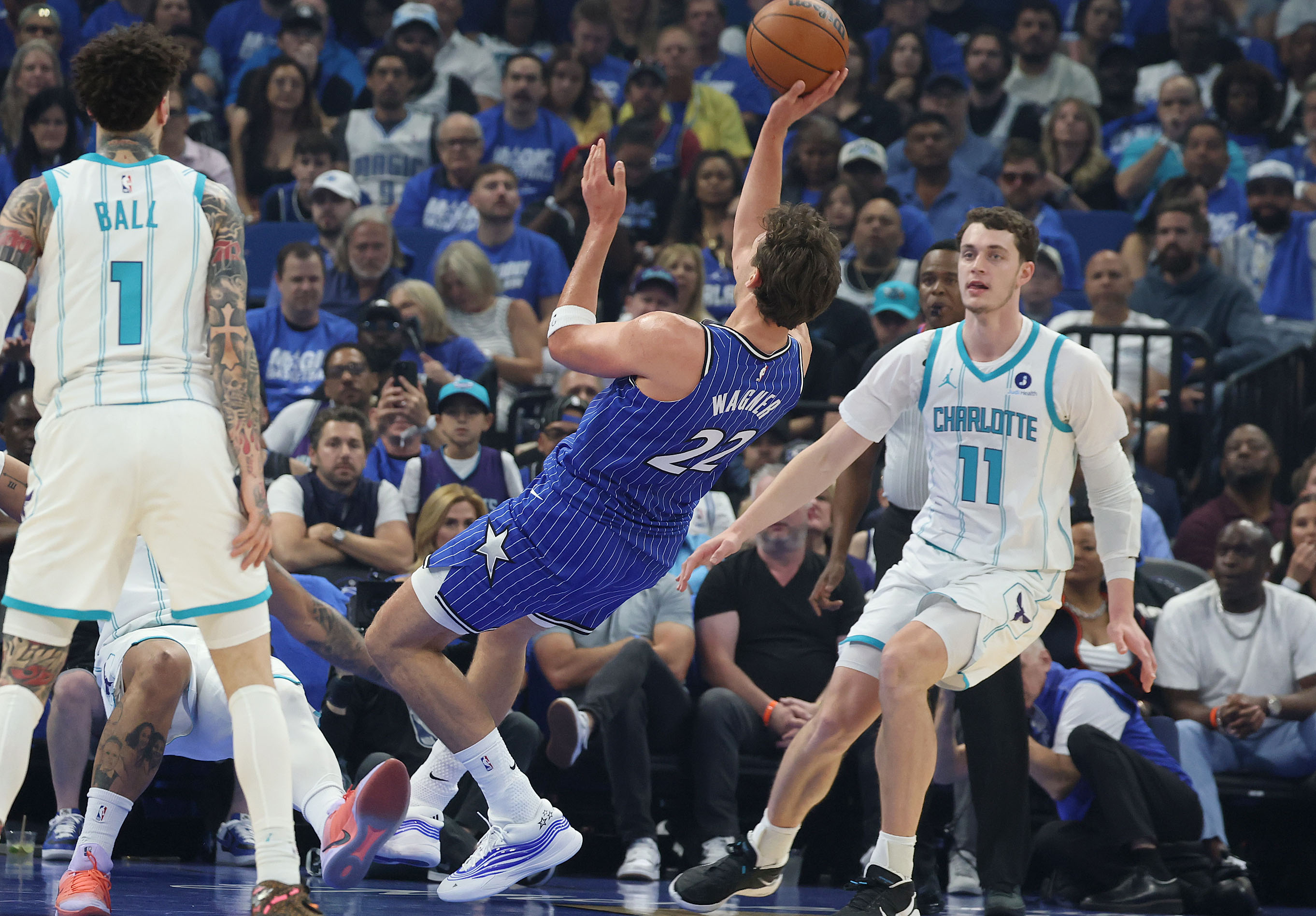 Orlando forward Franz Wagner (22) shoots an off-balance shot during...