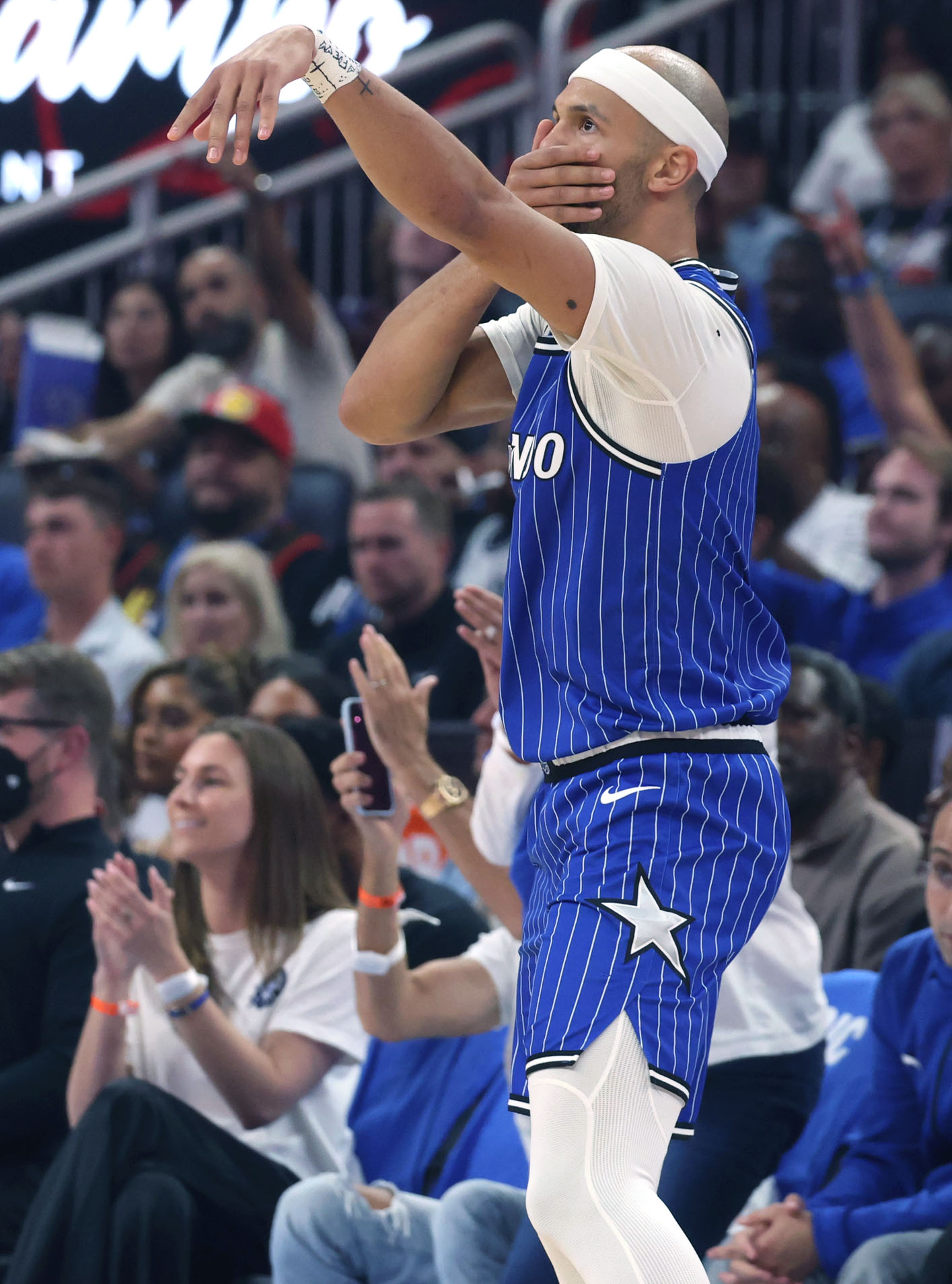 Orlando guard Jalen Suggs celebrates during the Charlotte Hornets at...