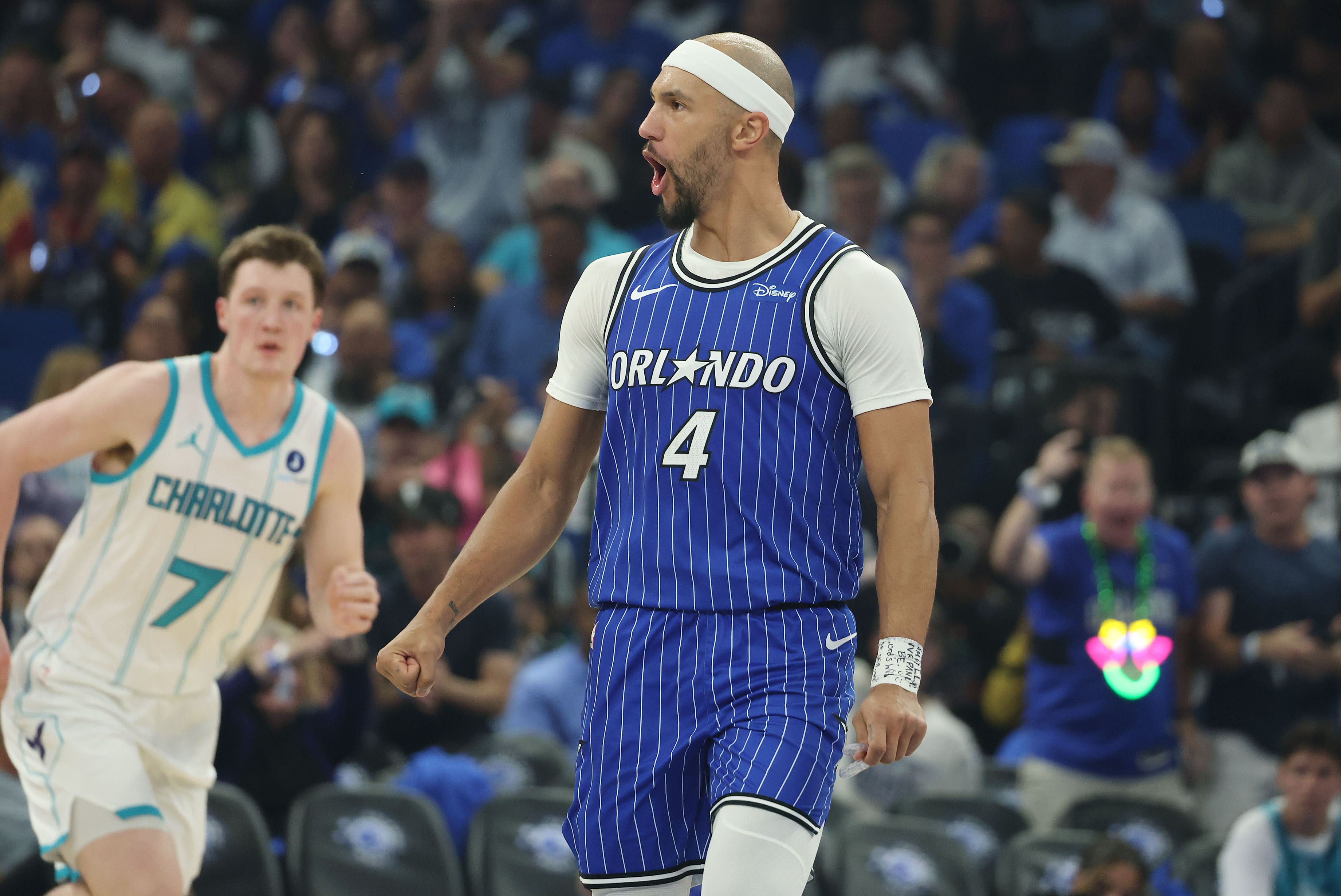 Orlando guard Jalen Suggs celebrates during the Charlotte Hornets at...