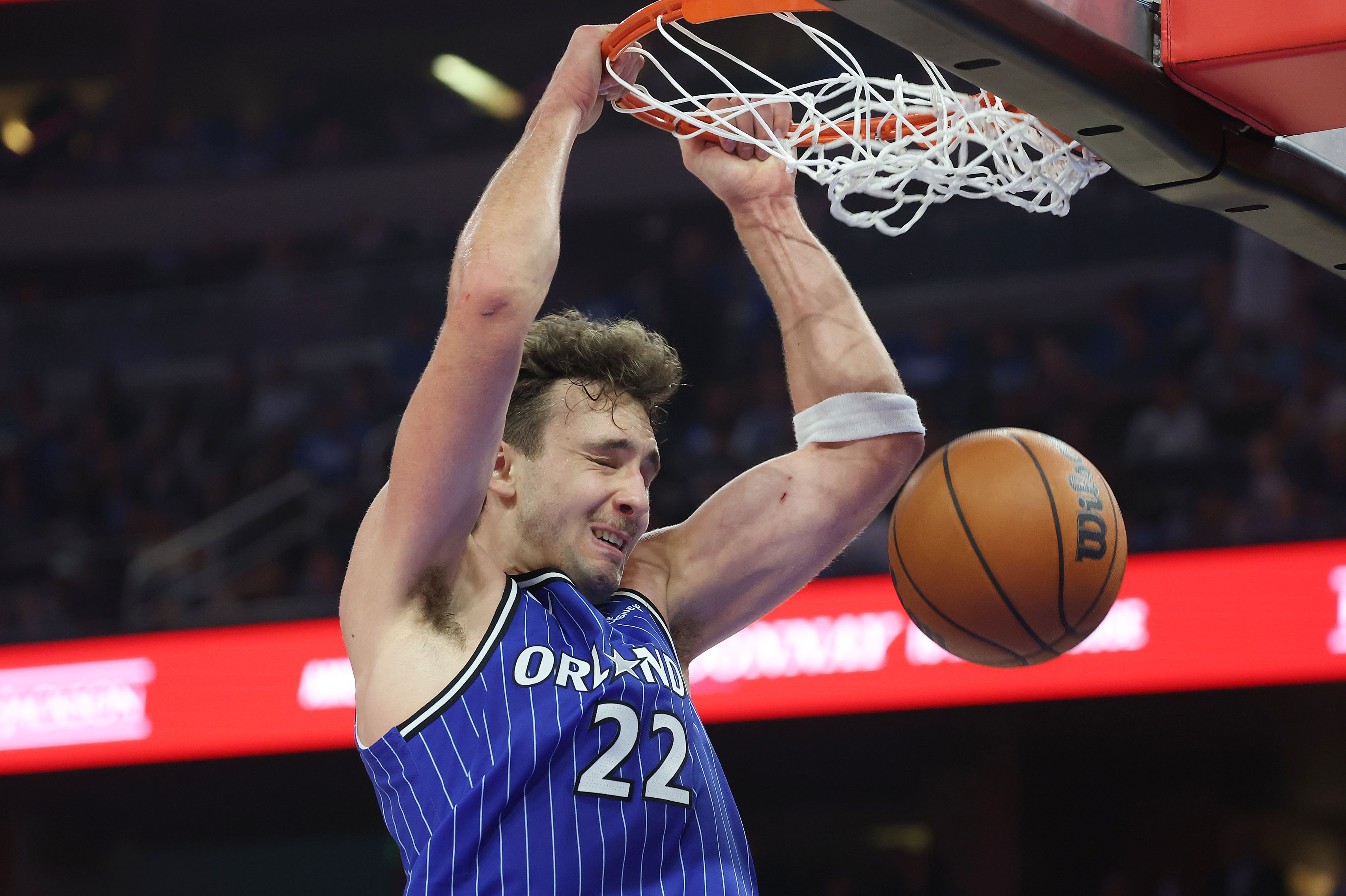 Orlando forward Franz Wagner slam dunks during the Charlotte Hornets...