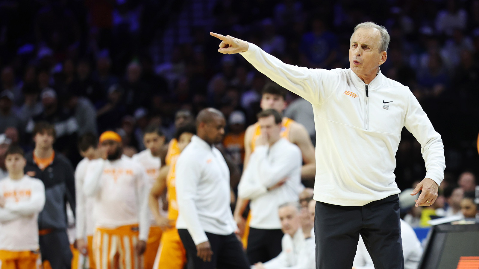 Tennessee Volunteers head coach Rick Barnes reacts against the Virginia Cavaliers in the first half during a second round game of the men's 2026 NCAA Tournament at Xfinity Mobile Arena