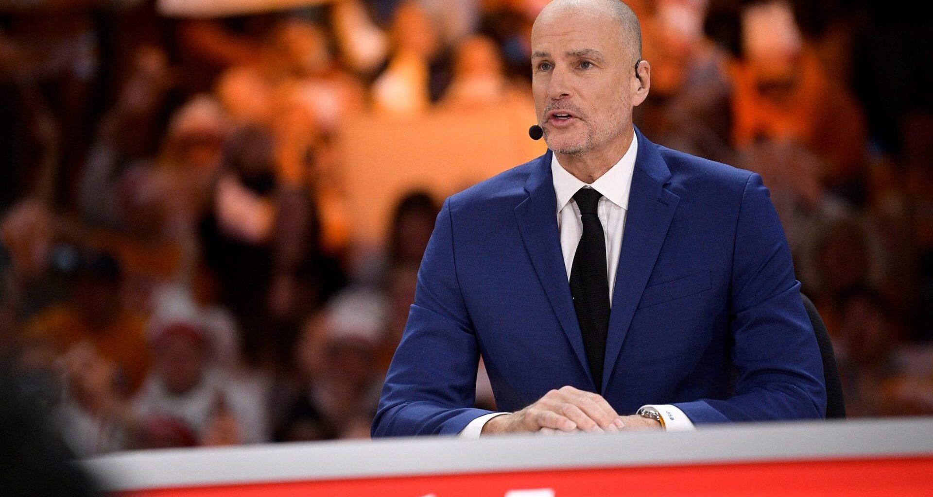 ESPN's Jay Bilas speaks during ESPN's 'College GameDay' broadcast ahead of No. 4 Tennessee's basketball game against No. 10 Texas at Thompson-Boling Arena in Knoxville, Tenn., on Saturday, Jan. 28, 2023.