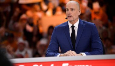 ESPN's Jay Bilas speaks during ESPN's 'College GameDay' broadcast ahead of No. 4 Tennessee's basketball game against No. 10 Texas at Thompson-Boling Arena in Knoxville, Tenn., on Saturday, Jan. 28, 2023.
