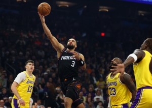 Dec 23, 2025; Phoenix, Arizona, USA; Phoenix Suns forward Dillon Brooks (3) against the Los Angeles Lakers in the first half at Mortgage Matchup Center. Mandatory Credit: Mark J. Rebilas-Imagn Images