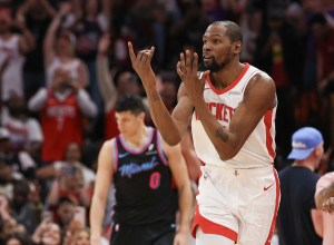 Mar 21, 2026; Houston, Texas, USA; Houston Rockets forward Kevin Durant (7) reacts after making a three point basket against Miami Heat forward Simone Fontecchio (0)(not pictured) in the second half at Toyota Center. Durant scored 27 points in the game passing Michael Jordan for fifth all time in points in the NBA. Mandatory Credit: Thomas Shea-Imagn Images