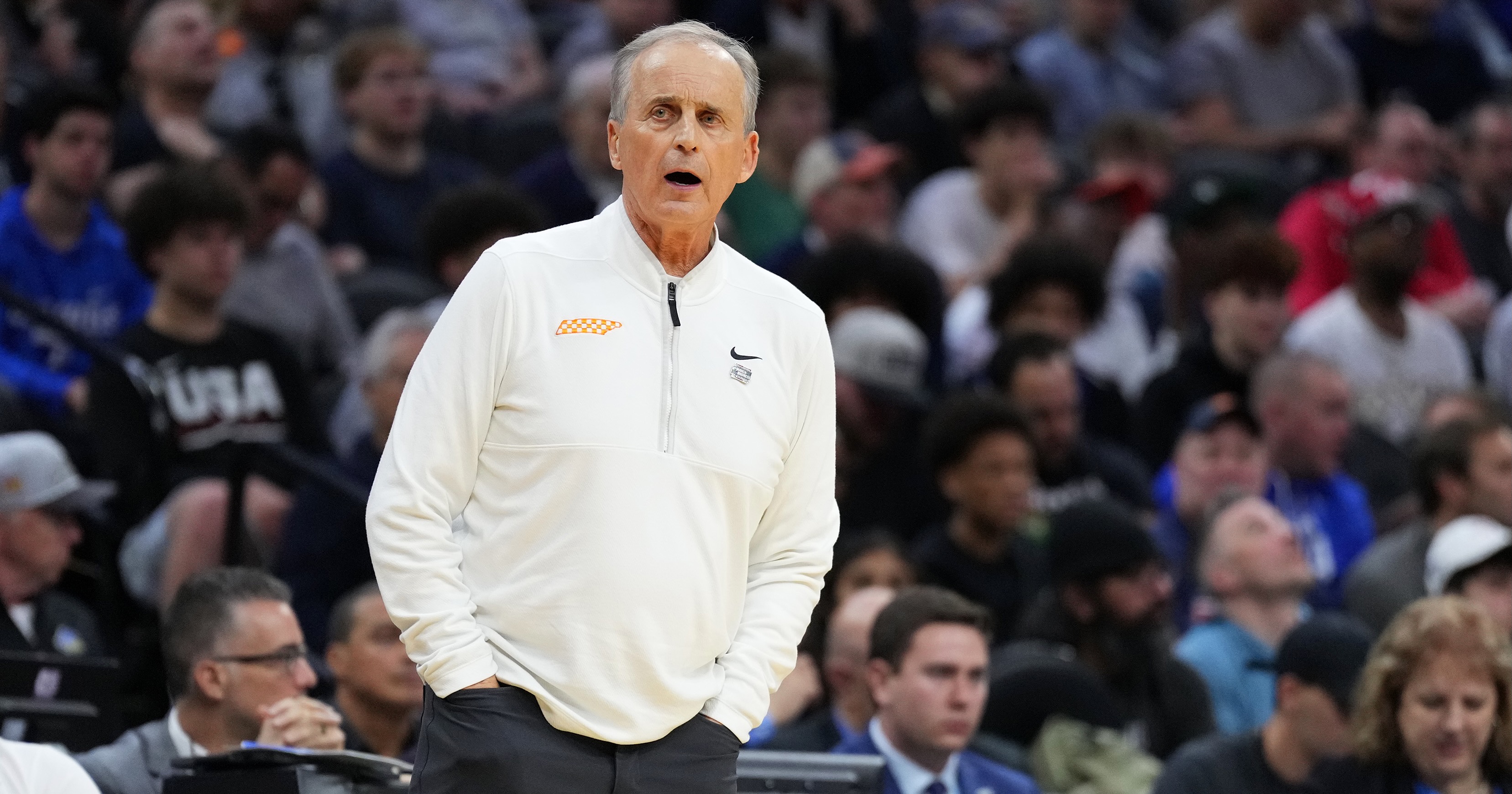 Mar 22, 2026; Philadelphia, PA, USA; Tennessee Volunteers head coach Rick Barnes reacts in the first half during a second round game of the men's 2026 NCAA Tournament at Xfinity Mobile Arena. Mandatory Credit: Kyle Ross-Imagn Images