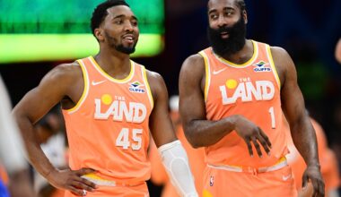 Cavaliers stars Donovan Mitchell and James Harden talk in a meeting with the Magic during the 2025-26 NBA season.