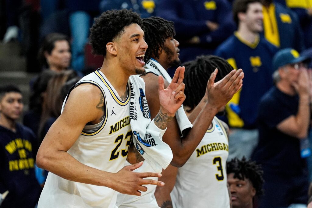 Michigan forward Yaxel Lendeborg (23) celebrates a play against Tennessee during the second half of NCAA Tournament Elite 8 round at United Center in Chicago on Sunday, March 29, 2026.