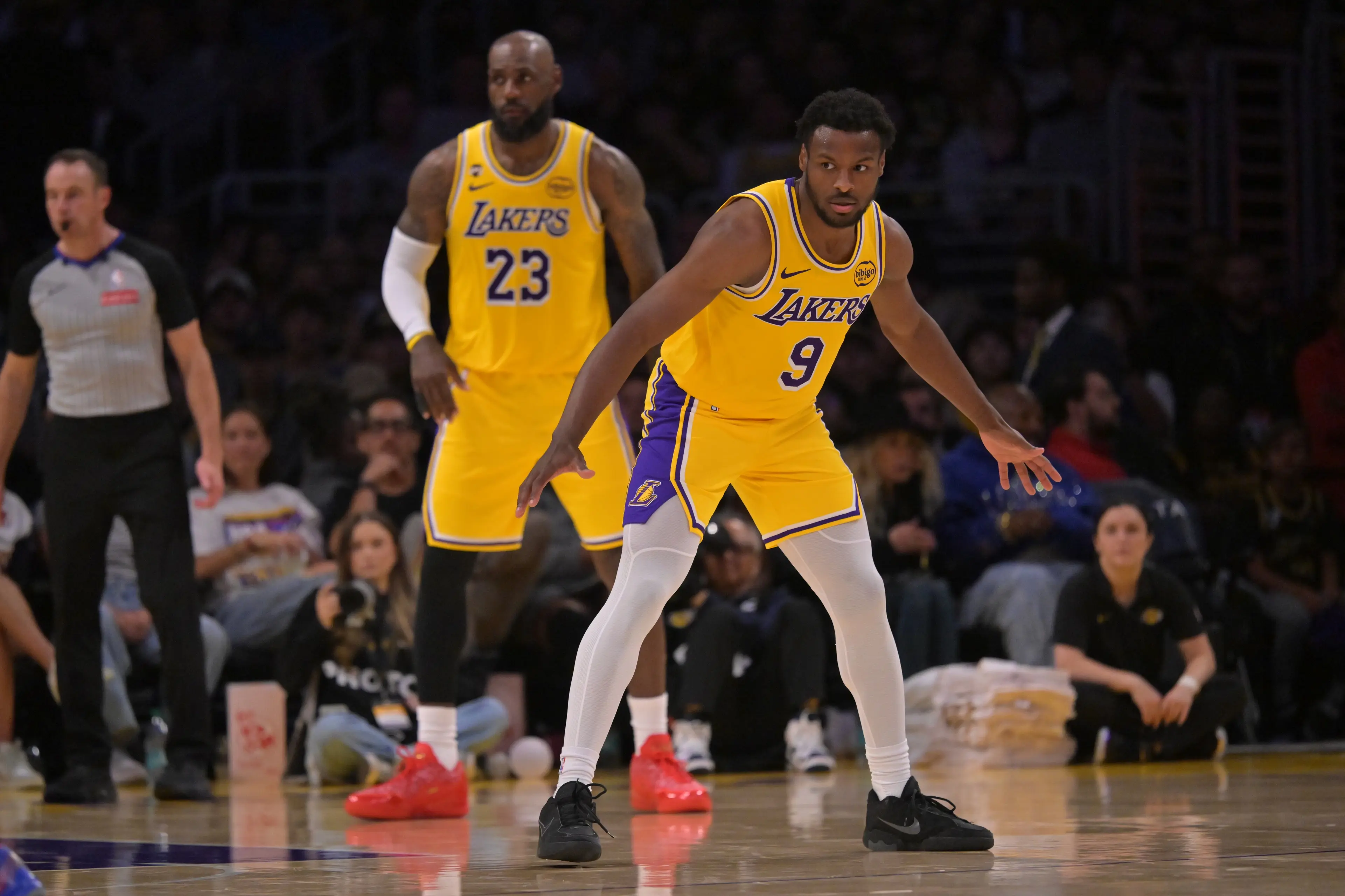 Mar 30, 2026; Los Angeles, California, USA; Los Angeles Lakers guard Bronny James (9) and forward LeBron James (23) defend on the court in the second half against the Washington Wizards at Crypto.com Arena. Mandatory Credit: Jayne Kamin-Oncea-Imagn Images