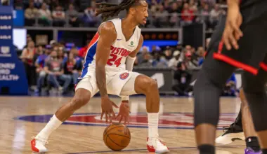 Mar 31, 2026; Detroit, Michigan, USA; Detroit Pistons Daniss Jenkins (24) moves the ball up court against the Toronto Raptors during the first quarter at Little Caesars Arena. Mandatory Credit: David Reginek-Imagn Images