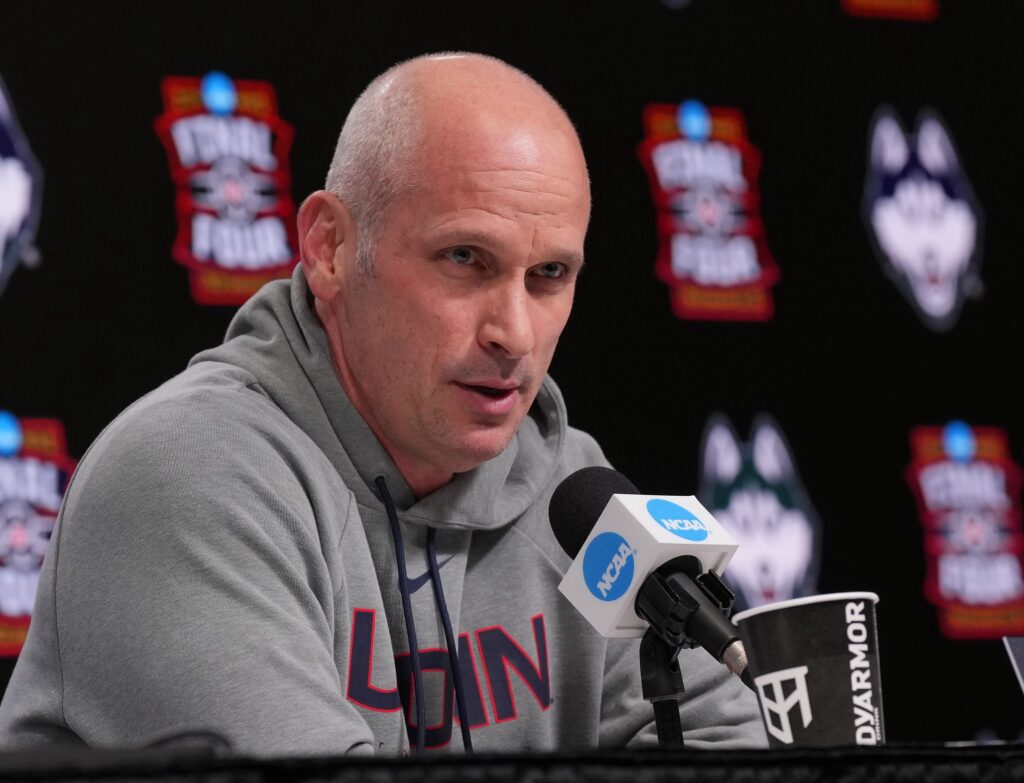 UConn head coach Dan Hurley during a press conference ahead of the Final Four of the men's 2026 NCAA Tournament at Lucas Oil Stadium.