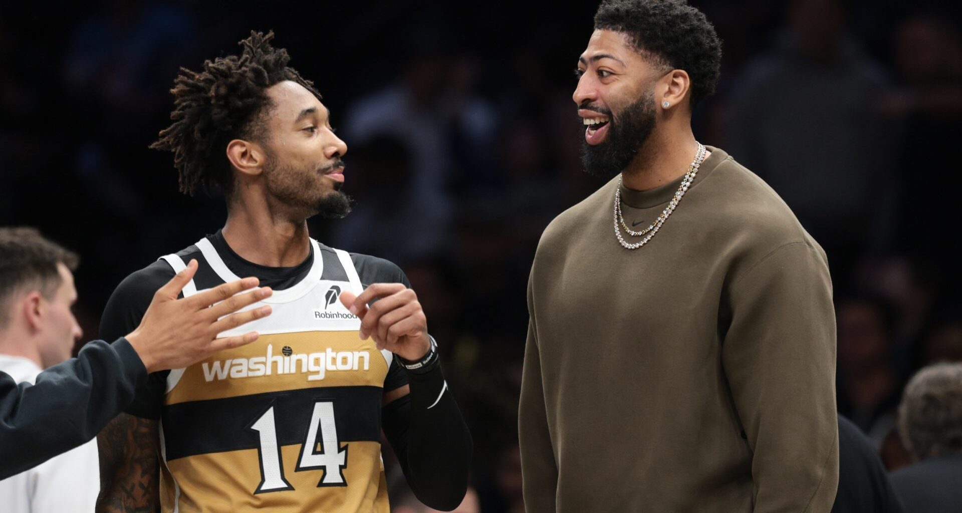 Apr 5, 2026; Brooklyn, New York, USA; Washington Wizards forward Anthony Davis (23) talks with forward Leaky Black (14) during the first half against the Brooklyn Nets at Barclays Center. Mandatory Credit: Vincent Carchietta-Imagn Images