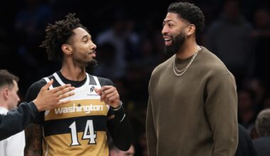 Apr 5, 2026; Brooklyn, New York, USA; Washington Wizards forward Anthony Davis (23) talks with forward Leaky Black (14) during the first half against the Brooklyn Nets at Barclays Center. Mandatory Credit: Vincent Carchietta-Imagn Images