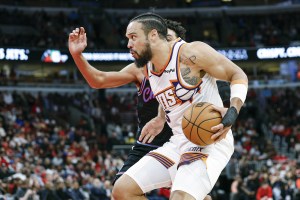 Apr 5, 2026; Chicago, Illinois, USA; Phoenix Suns forward Dillon Brooks (3) drives to the basket against the Chicago Bulls during the second half at United Center. Mandatory Credit: Kamil Krzaczynski-Imagn Images