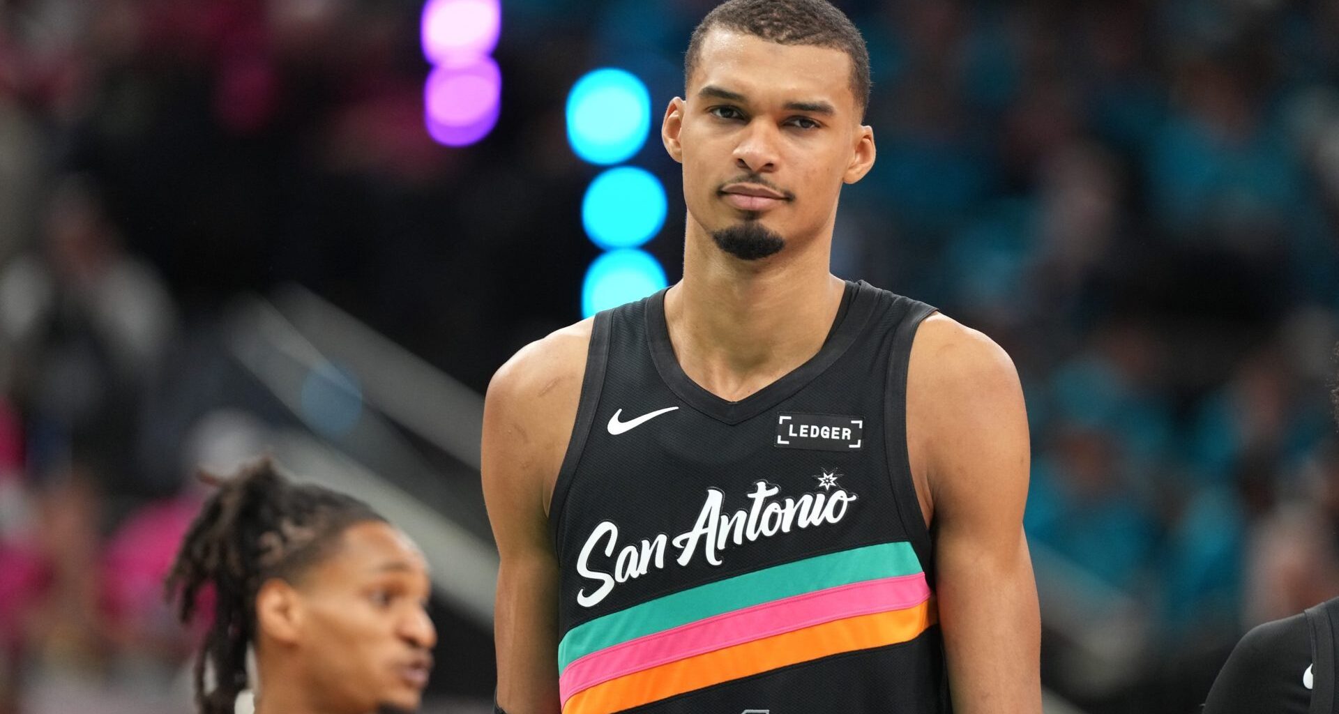 Apr 19, 2026; San Antonio, Texas, USA; San Antonio Spurs forward Victor Wembanyama (1) reacts to a call by an official during the second half of game one of the first round of the 2026 NBA Playoffs against the Portland Trail Blazers at Frost Bank Center. Mandatory Credit: Scott Wachter-Imagn Images