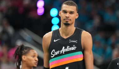 Apr 19, 2026; San Antonio, Texas, USA; San Antonio Spurs forward Victor Wembanyama (1) reacts to a call by an official during the second half of game one of the first round of the 2026 NBA Playoffs against the Portland Trail Blazers at Frost Bank Center. Mandatory Credit: Scott Wachter-Imagn Images