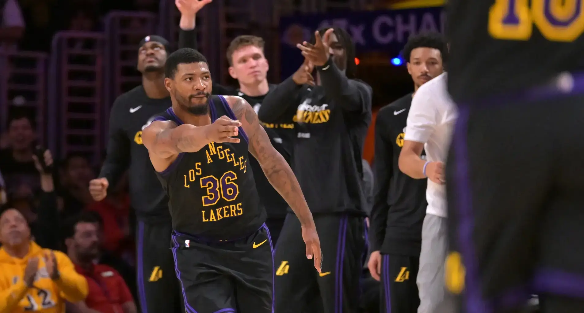 Apr 21, 2026; Los Angeles, California, USA; Los Angeles Lakers bench reacts after a three-point basket by guard Marcus Smart (36) during the second half of game two of the first round of the 2026 NBA Playoffs against the Houston Rockets at Crypto.com Arena. Mandatory Credit: Jayne Kamin-Oncea-Imagn Images