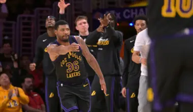 Apr 21, 2026; Los Angeles, California, USA; Los Angeles Lakers bench reacts after a three-point basket by guard Marcus Smart (36) during the second half of game two of the first round of the 2026 NBA Playoffs against the Houston Rockets at Crypto.com Arena. Mandatory Credit: Jayne Kamin-Oncea-Imagn Images
