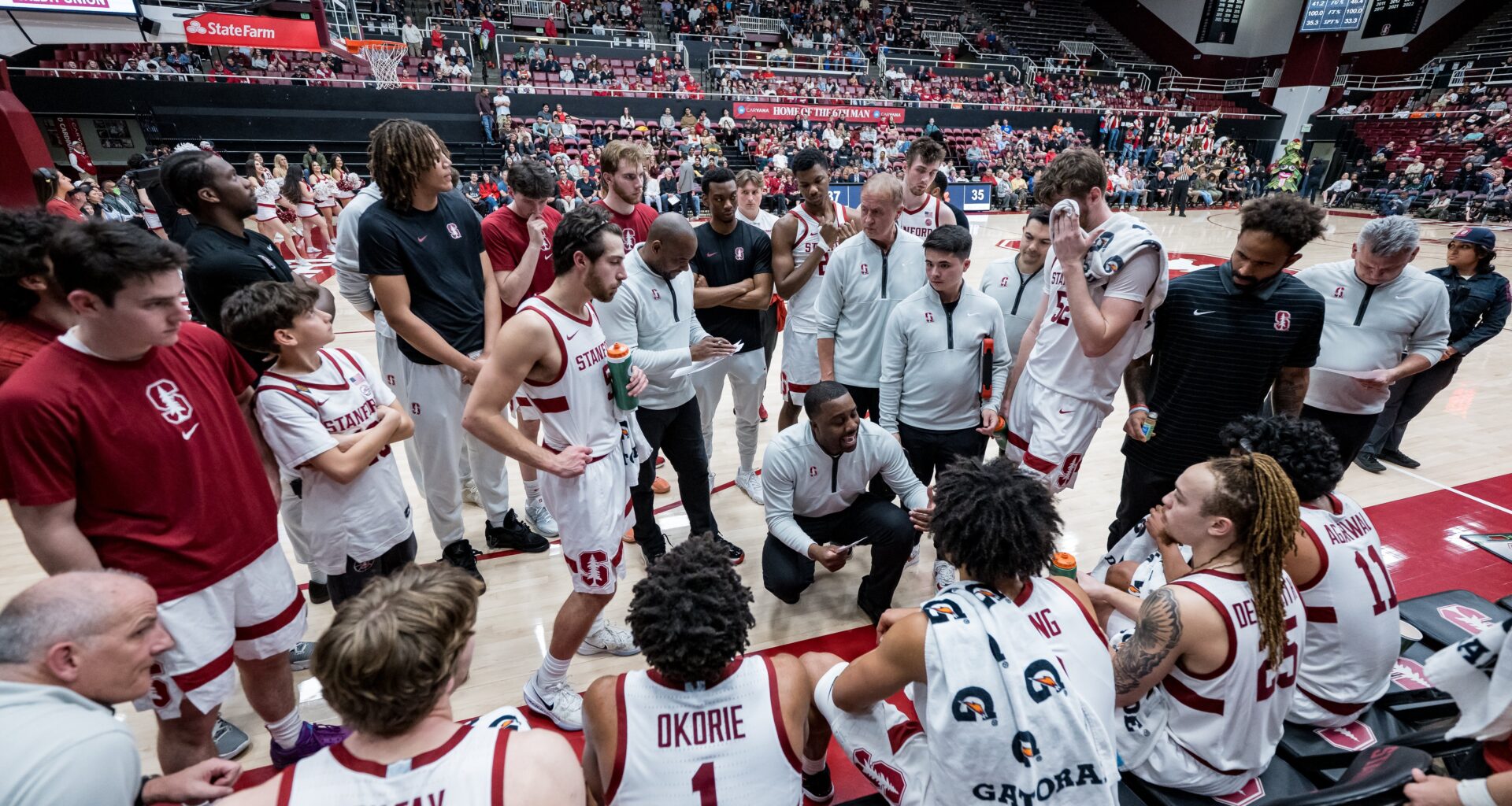 Basketball team during a timeout.