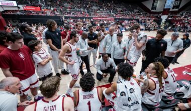 Basketball team during a timeout.