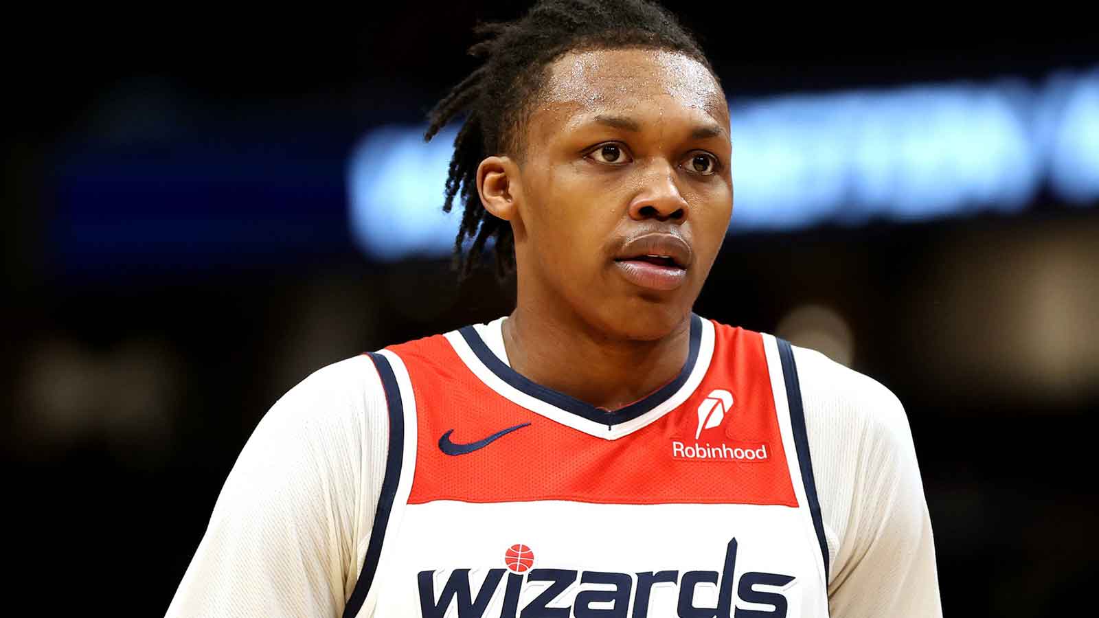 Washington Wizards guard Bub Carrington (7) looks on during the second half against the Detroit Pistons at Capital One Arena.