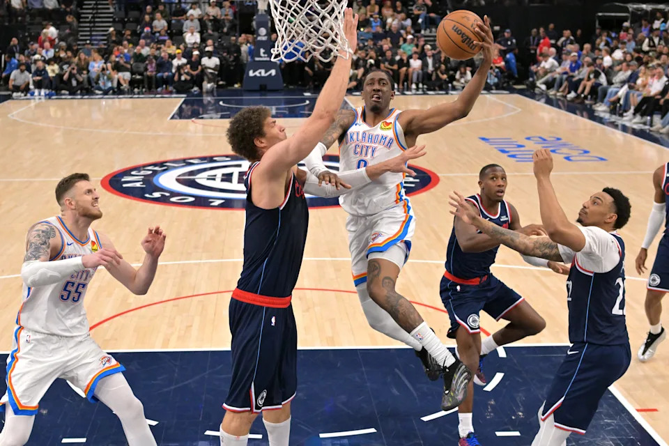 Apr 8, 2026; Inglewood, California, USA; Oklahoma City Thunder guard Jalen Williams (8) drives past Los Angeles Clippers center Brook Lopez (11) for a basket in the second half at Intuit Dome. Mandatory Credit: Jayne Kamin-Oncea-Imagn Images
