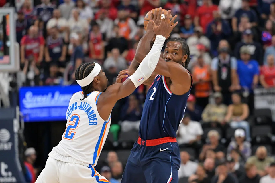 Apr 8, 2026; Inglewood, California, USA; Los Angeles Clippers forward Kawhi Leonard (2) defends Los Angeles Clippers forward Kawhi Leonard (2) in the first half at Intuit Dome. Mandatory Credit: Jayne Kamin-Oncea-Imagn Images