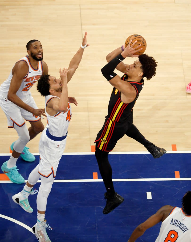 Jalen Johnson shoots over Landry Shamet during the third quarter of the Knicks’ 113-102 Game 1 win over the Hawks on April 18, 2026 at the Garden. Jason Szenes / New York Post
