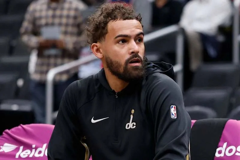 Mar 5, 2026; Washington, District of Columbia, USA; Washington Wizards guard Trae Young (3) sits on the bench during warmups prior to his first start as a Wizard against the Utah Jazz at Capital One Arena. Mandatory Credit: Geoff Burke-Imagn Images