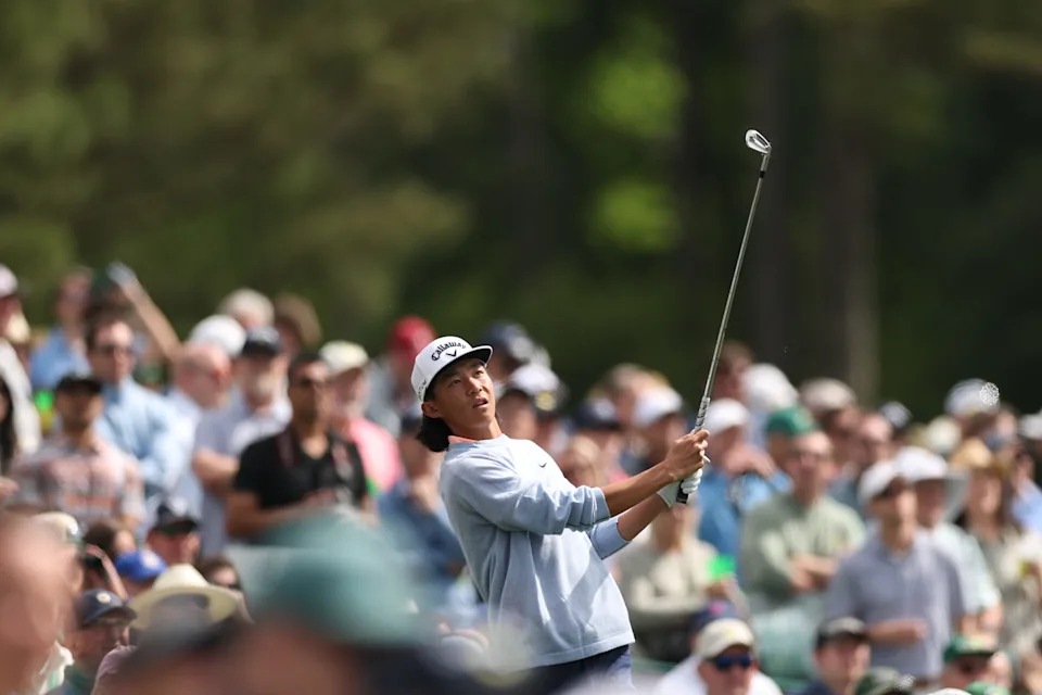 AUGUSTA, GEORGIA - APRIL 06: Amateur Ethan Fang of the United States plays a shot from the 12th hole tee box during a practice round prior to the 2026 Masters Tournament at Augusta National Golf Club on April 06, 2026 in Augusta, Georgia. (Photo by Maddie Meyer/Getty Images)