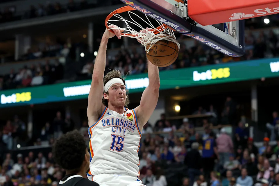 DENVER, COLORADO - APRIL 10: Branden Carlson #15 of the Oklahoma City Thunder dunks against the Denver Nuggets during the fourth quarter at Ball Arena on April 10, 2026 in Denver, Colorado. NOTE TO USER: User expressly acknowledges and agrees that, by downloading and or using this photograph, User is consenting to the terms and conditions of the Getty Images License Agreement. (Photo by Matthew Stockman/Getty Images)