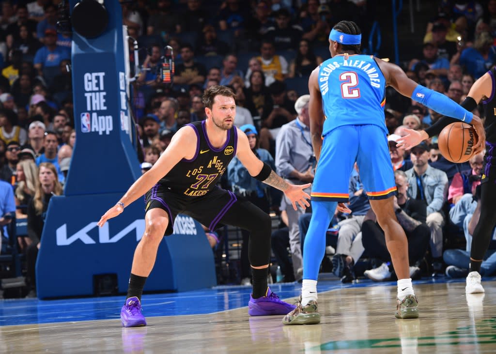 Luka Doncic of the Los Angeles Lakers plays defense during the game against the Oklahoma City Thunder on April 2, 2026 at Paycom Center in Oklahoma City, Oklahoma. (Photo by Adam Pantozzi/NBAE via Getty Images) NBAE via Getty Images