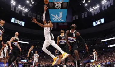 Victor Wembanyama of the San Antonio Spurs scoring in the fourth quarter against the Denver Nuggets at Ball Arena on April 4, 2026 in Colorado. He had 34 points and 18 rebounds in the 136-134 overtime loss.