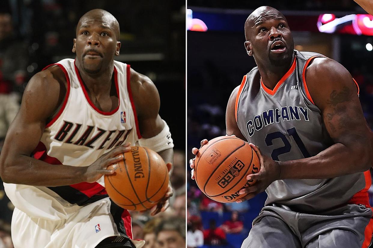 Ruben Patterson #21 of the Portland Trail Blazers on February 19, 2003 in Portland, Oregon; Ruben Patterson on July 9, 2017 at the BOK Center in Tulsa, OK.Credit: Sam Forencich/NBAE via Getty; David Stacy/Icon Sportswire via Getty