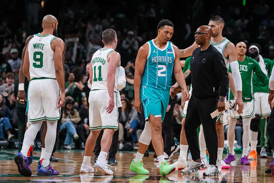 Apr 7, 2026; Boston, Massachusetts, USA; Charlotte Hornets forward Grant Williams (2) returns to the bench during a break against the Boston Celtics in the second half at TD Garden. Mandatory Credit: David Butler II-Imagn Images
