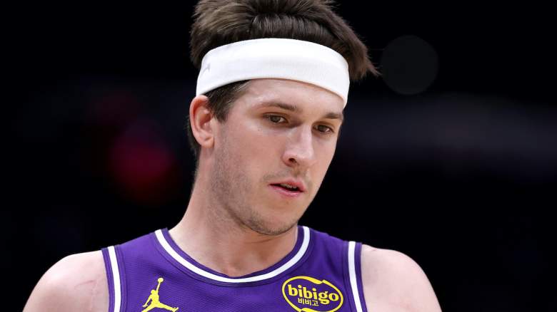 Austin Reaves of the Los Angeles Lakers looks on during a game before being ruled out for Game 2 against the Houston Rockets.