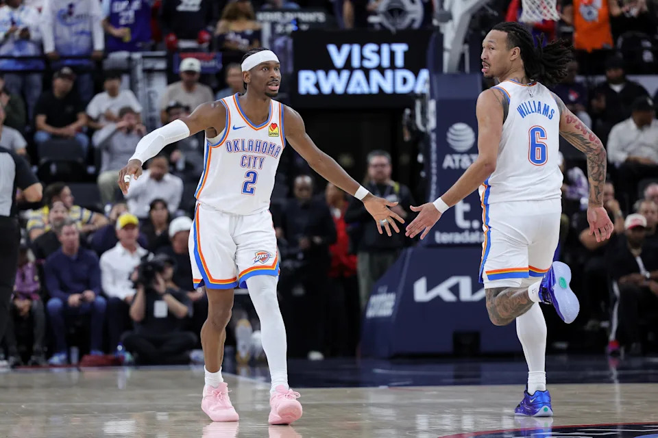 INGLEWOOD, CALIFORNIA - APRIL 08: Shai Gilgeous-Alexander #2 of the Oklahoma City Thunder reacts with Jaylin Williams #6 during the second half of an NBA game against the Los Angeles Clippers at Intuit Dome on April 08, 2026 in Inglewood, California. NOTE TO USER: User expressly acknowledges and agrees that, by downloading and or using this photograph, User is consenting to the terms and conditions of the Getty Images License Agreement. (Photo by Ryan Sirius Sun/Getty Images)