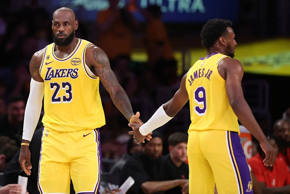 LeBron James (left) and Bronny James (right) during the April 18 NBA game.Credit: Sean M. Haffey/Getty