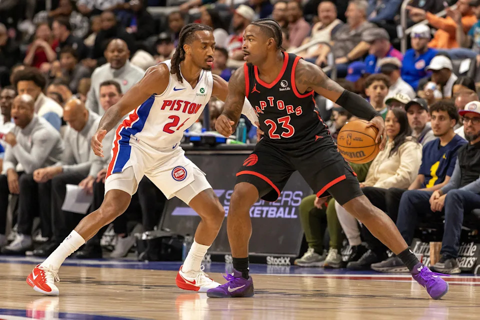 Mar 31, 2026; Detroit, Michigan, USA; Detroit Pistons Daniss Jenkins (24) defends against Toronto Raptors Jamal Shead (23) during the first quarter at Little Caesars Arena. Mandatory Credit: David Reginek-Imagn Images