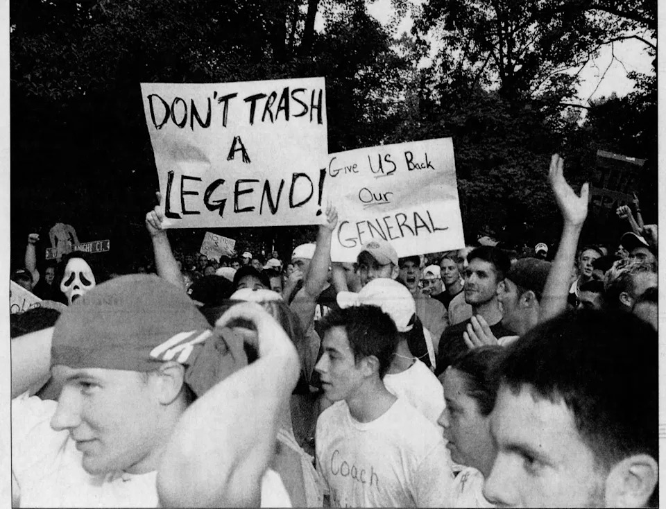 Thousands of IU students protested the firing of basketball coach Bob Knight outside of the home of university president Myles Brand Sept. 10, 2000.