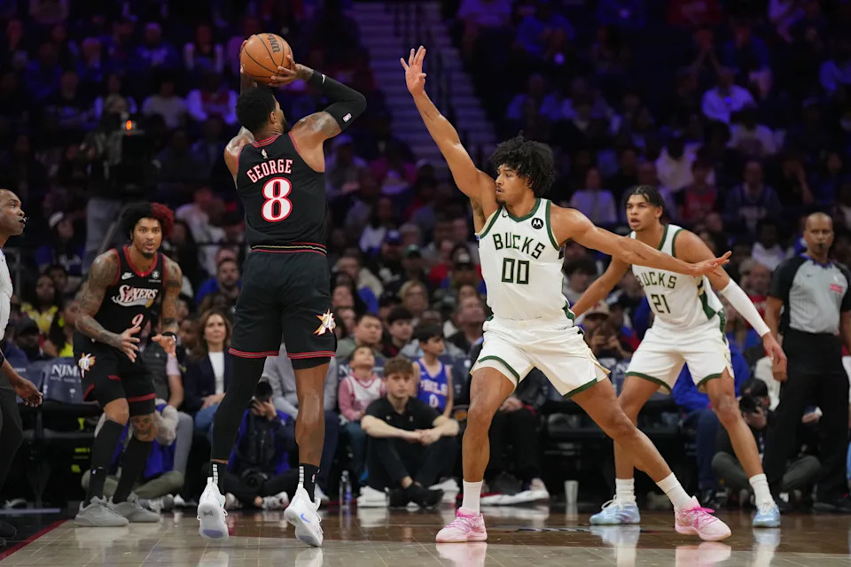 Apr 12, 2026; Philadelphia, Pennsylvania, USA; Philadelphia 76ers forward Paul George (8) shoots the ball against Milwaukee Bucks center Jericho Sims (00) in the first quarter at Xfinity Mobile Arena. Mandatory Credit: Kyle Ross-Imagn Images