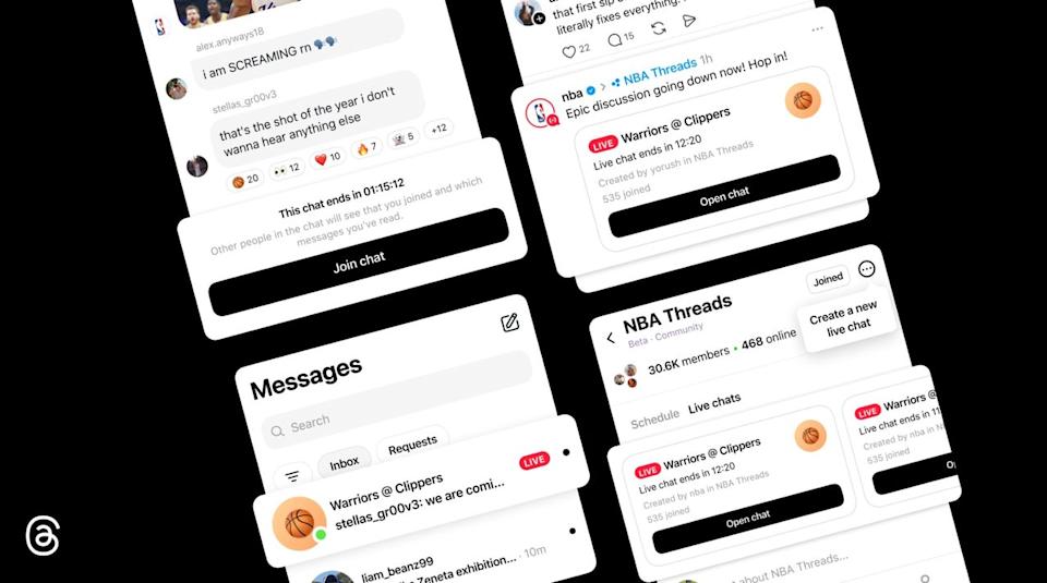  Meta's Threads rolls out Live Chats, which will begin for the NBA Playoffs and Finals, giving users a chance to interact with others in real-time, chatting about the game, sharing photos, and videos. 