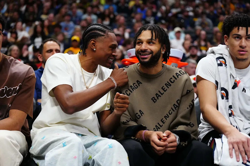 Apr 10, 2026; Denver, Colorado, USA; Denver Nuggets guard Peyton Watson (8) and guard Jamal Murray (27) react in the second half against the Oklahoma City Thunder at Ball Arena. Mandatory Credit: Ron Chenoy-Imagn Images