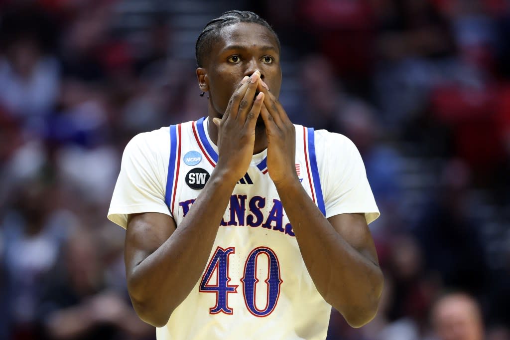 Flory Bidunga reacts during the second half of Kansas’ second-round loss to St. John’s in the NCAA Tournament aat Viejas Arena at San Diego State University on March 22, 2026 in San Diego. Getty Images