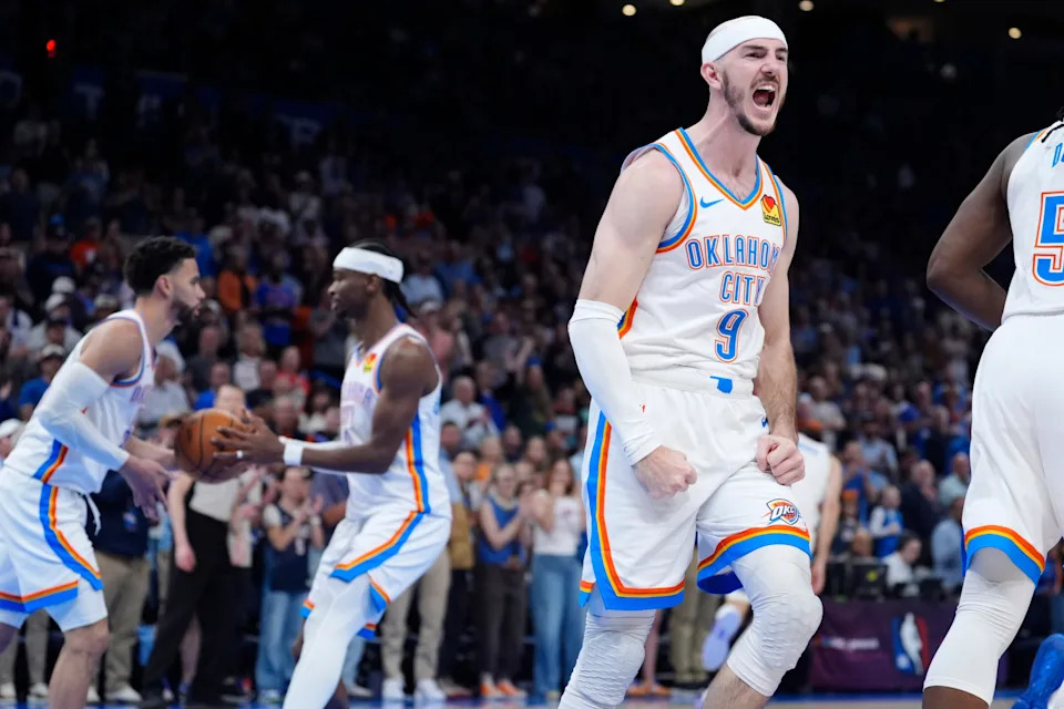 Oklahoma City Thunder guard Alex Caruso (9) celebrates during an NBA basketball game between the Oklahoma City Thunder and the New York Knicks at Paycom Center in Oklahoma City, Sunday, March 29, 2026.