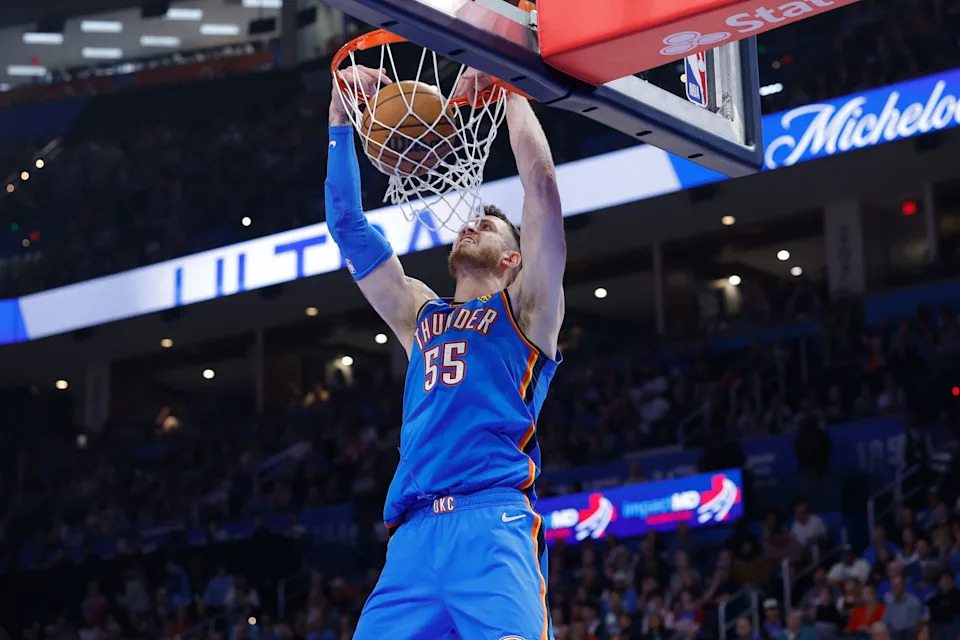 Apr 5, 2026; Oklahoma City, Oklahoma, USA; Oklahoma City Thunder center Isaiah Hartenstein (55) dunks against the Utah Jazz during the second quarter at Paycom Center. Mandatory Credit: Alonzo Adams-Imagn Images
