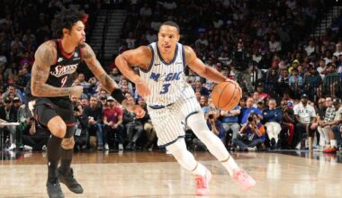 <div>PHILADELPHIA, PA - APRIL 15: Desmond Bane #3 of the Orlando Magic dribbles the ball during the game against the Philadelphia 76ers during the SoFi Play-In Tournament on April 15, 2026 at the Wells Fargo Center in Philadelphia, Pennsylvania. Photo by Jesse D. Garrabrant/NBAE via Getty Images)</div>